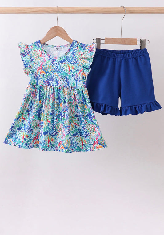 Blue floral print ruffle shorts set