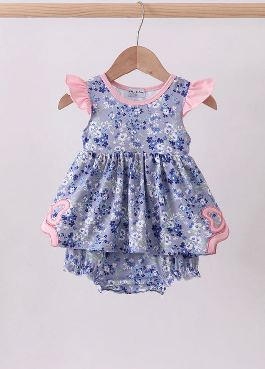 Blue floral bow ruffle bubble