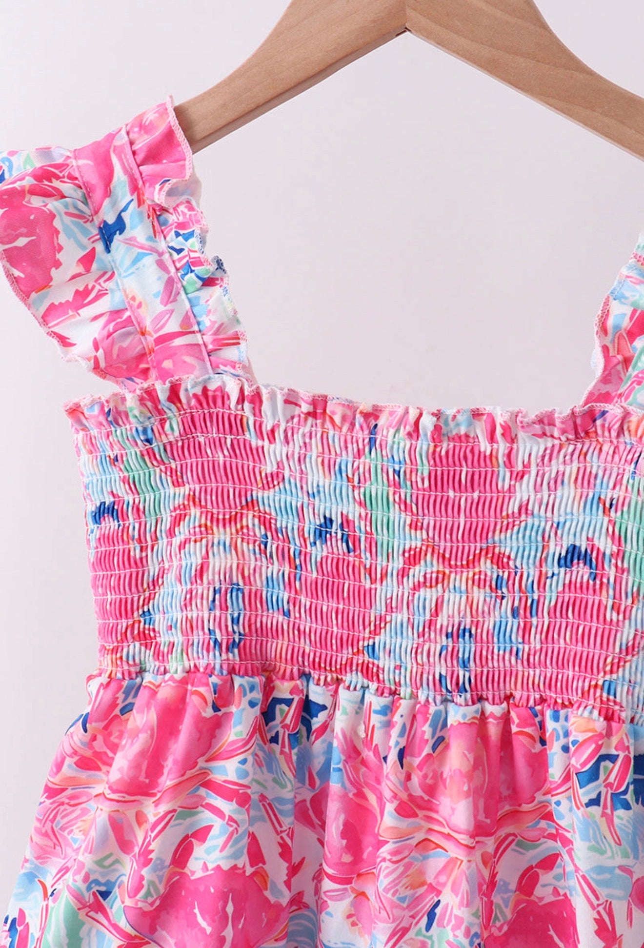 Pink floral smocked ruffle dress