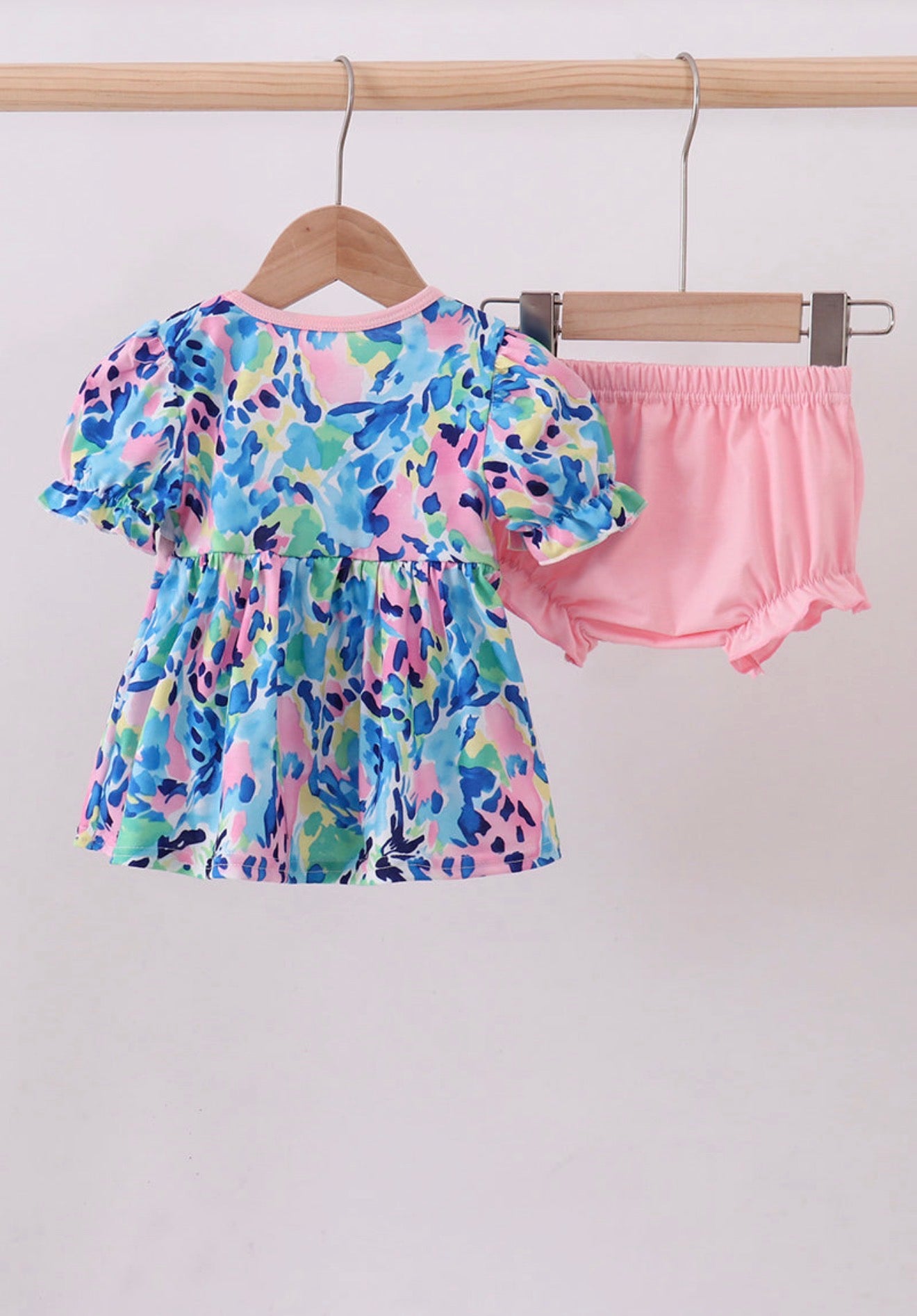 Pink character smocked ruffle bloomer set