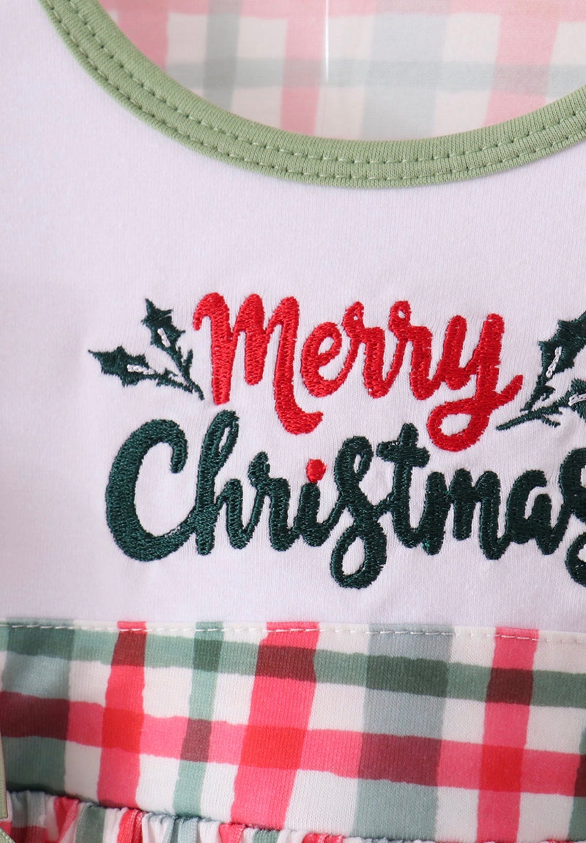Green merry christmas embroidery plaid ruffle pants set