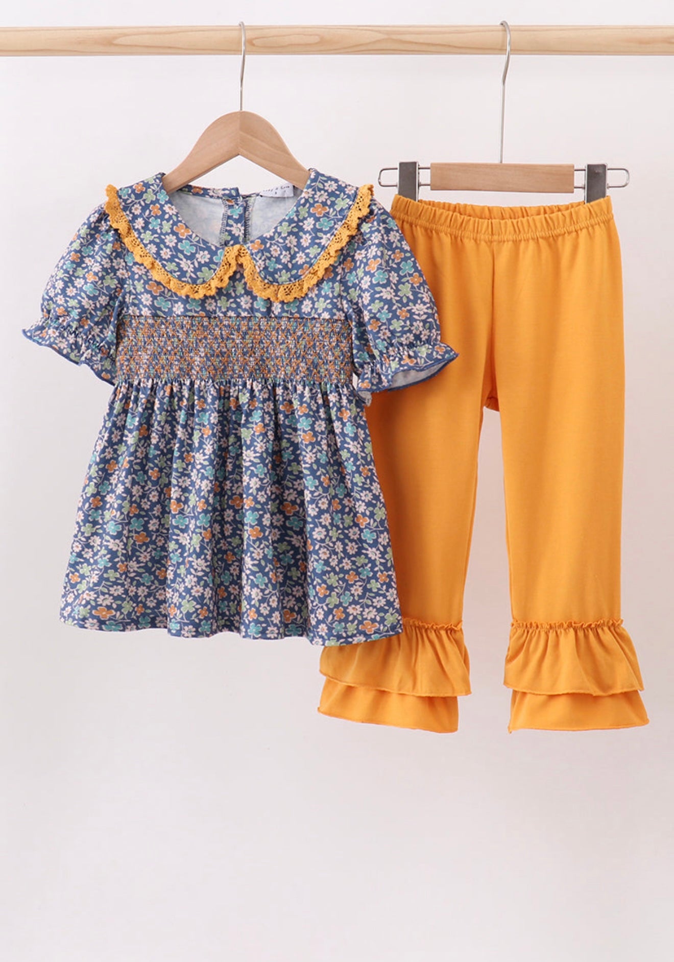 Navy floral smocked ruffle pants set