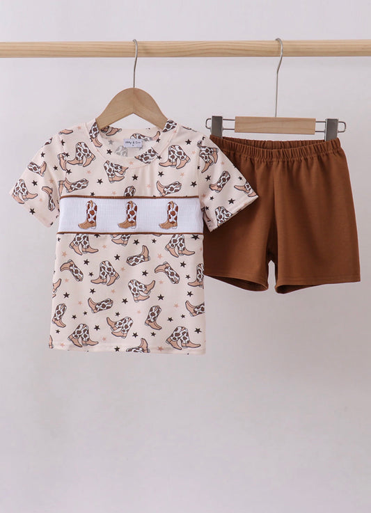 Western cowboy boots smocked shorts set