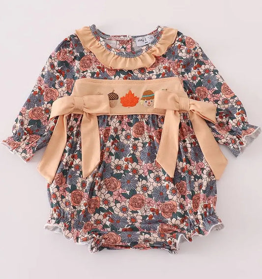 Fall floral print pumpkin embroidery girl bubble