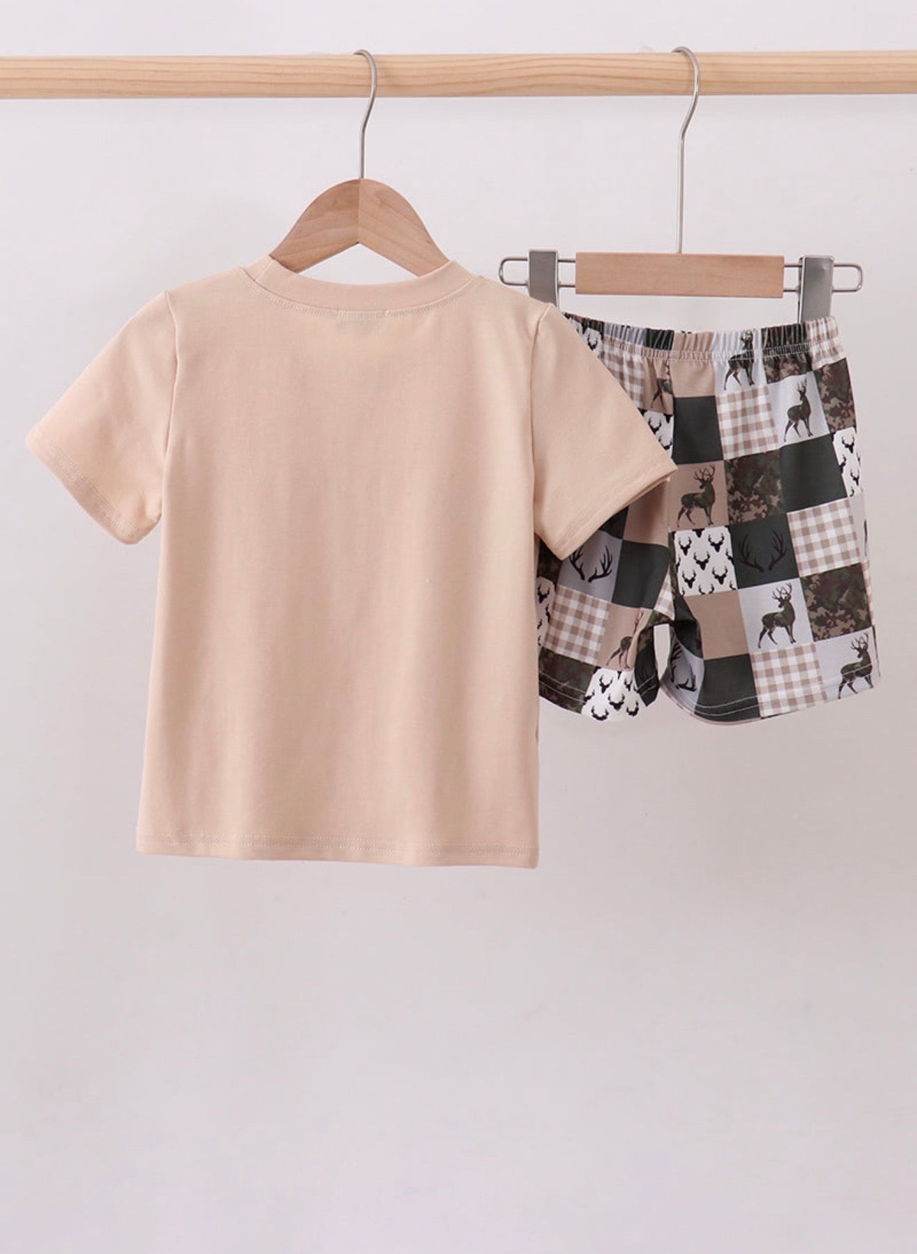 Green hunting deer embroidery checkered shorts set
