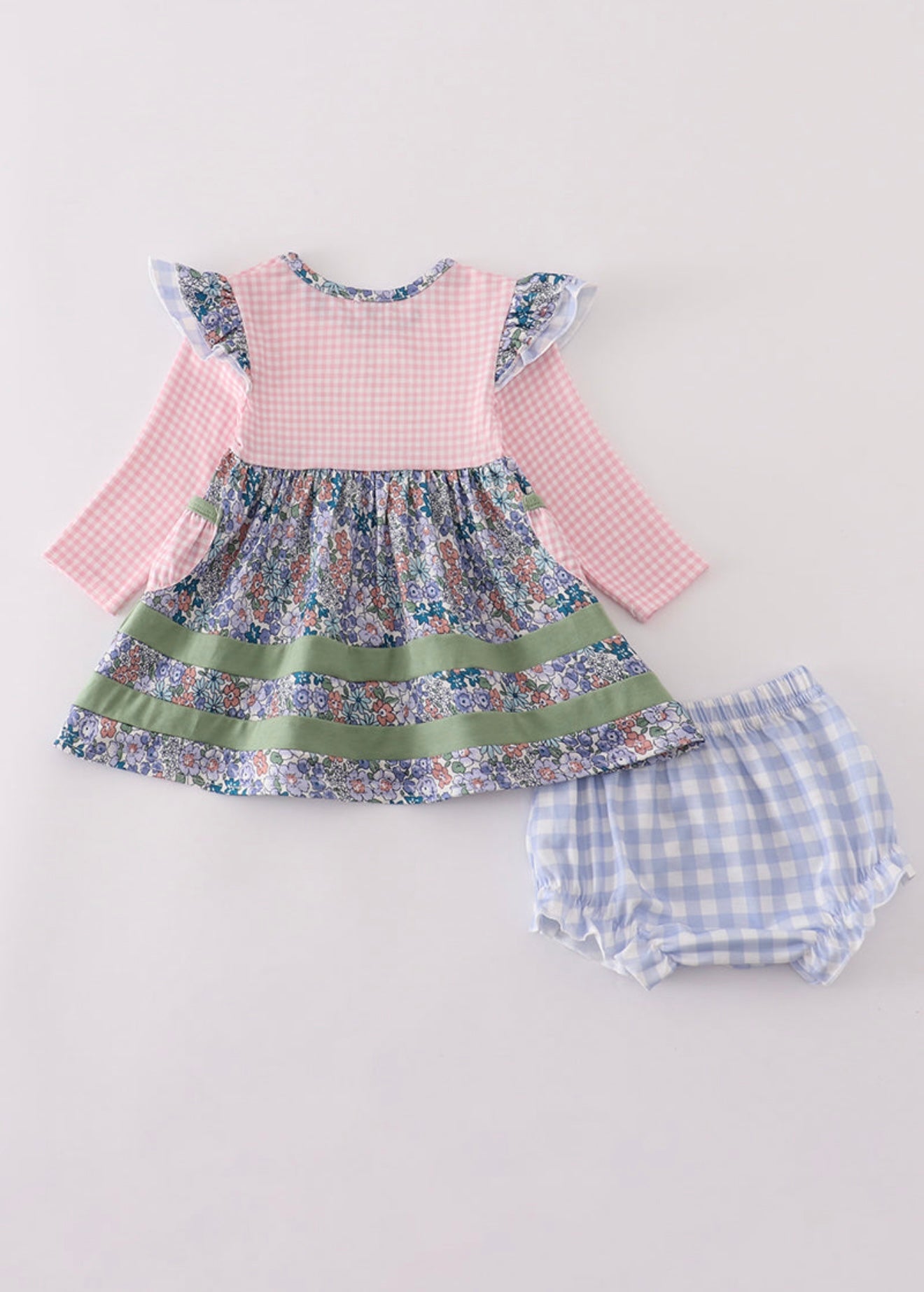 Blue floral pumpkin embroidery girl ruffle bloomer set
