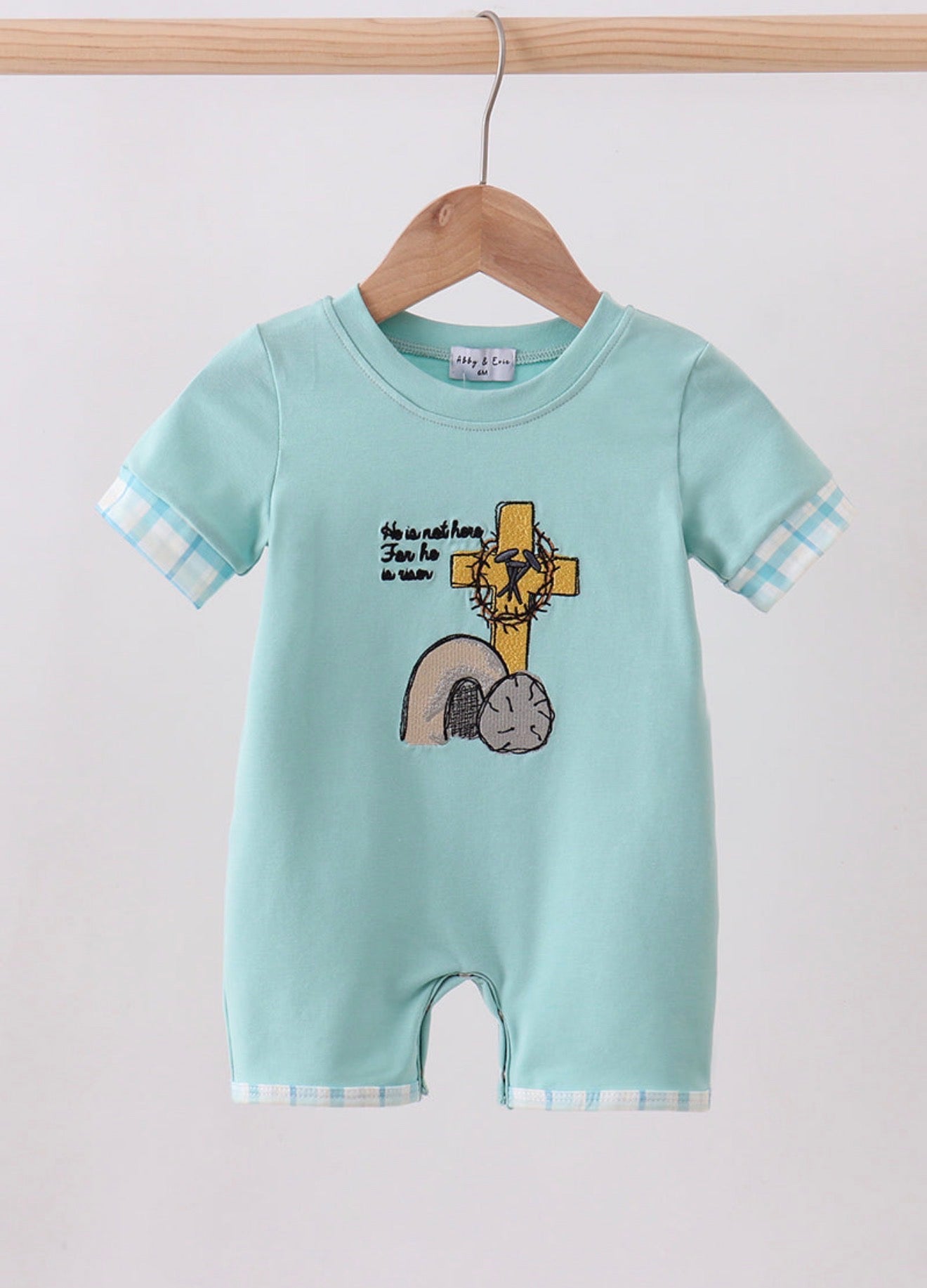 Blue He is risen boy’s embroidery romper