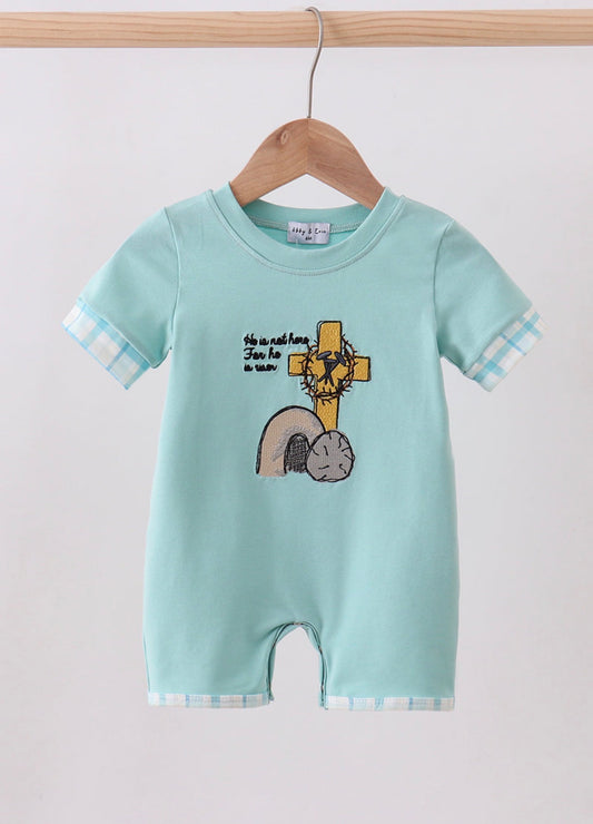Blue He is risen boy’s embroidery romper