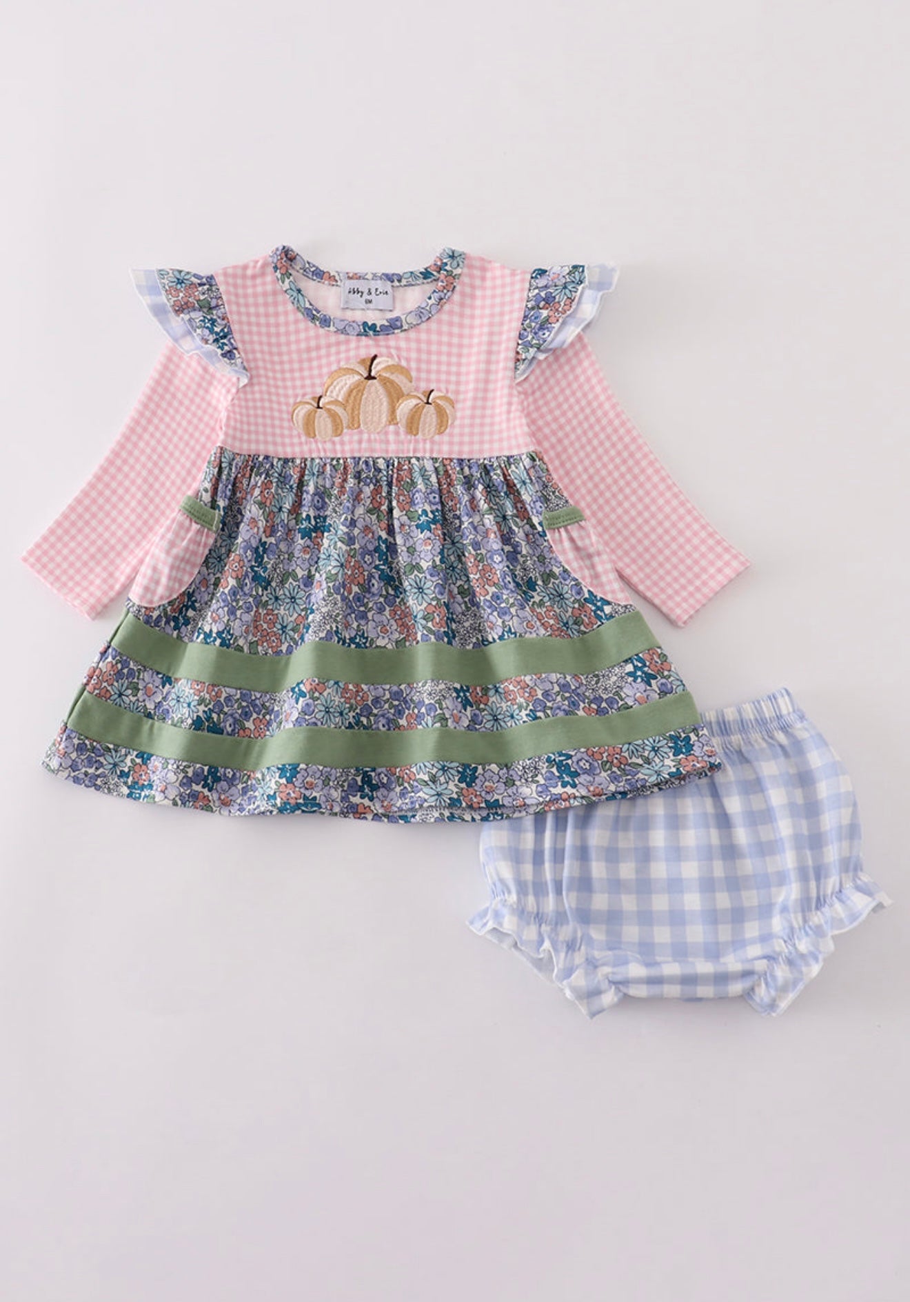 Blue floral pumpkin embroidery girl ruffle bloomer set