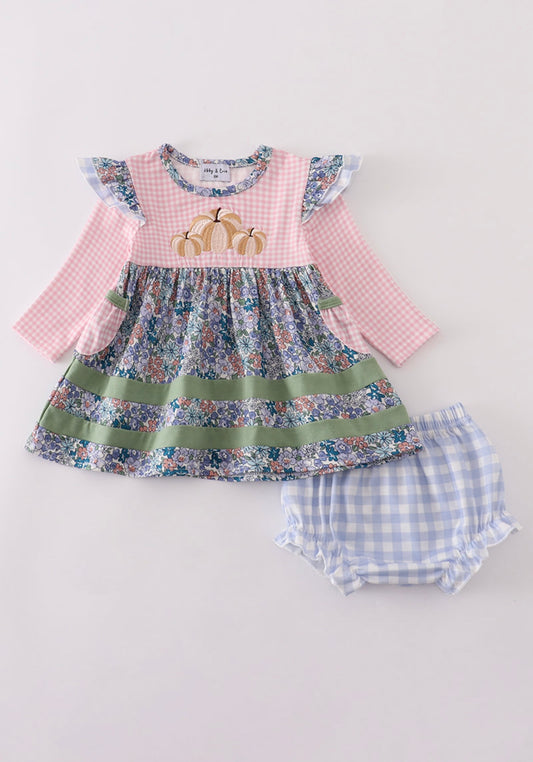 Blue floral pumpkin embroidery girl ruffle bloomer set