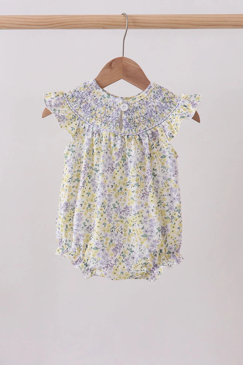 Golden meadow floral smocked ruffle bubble