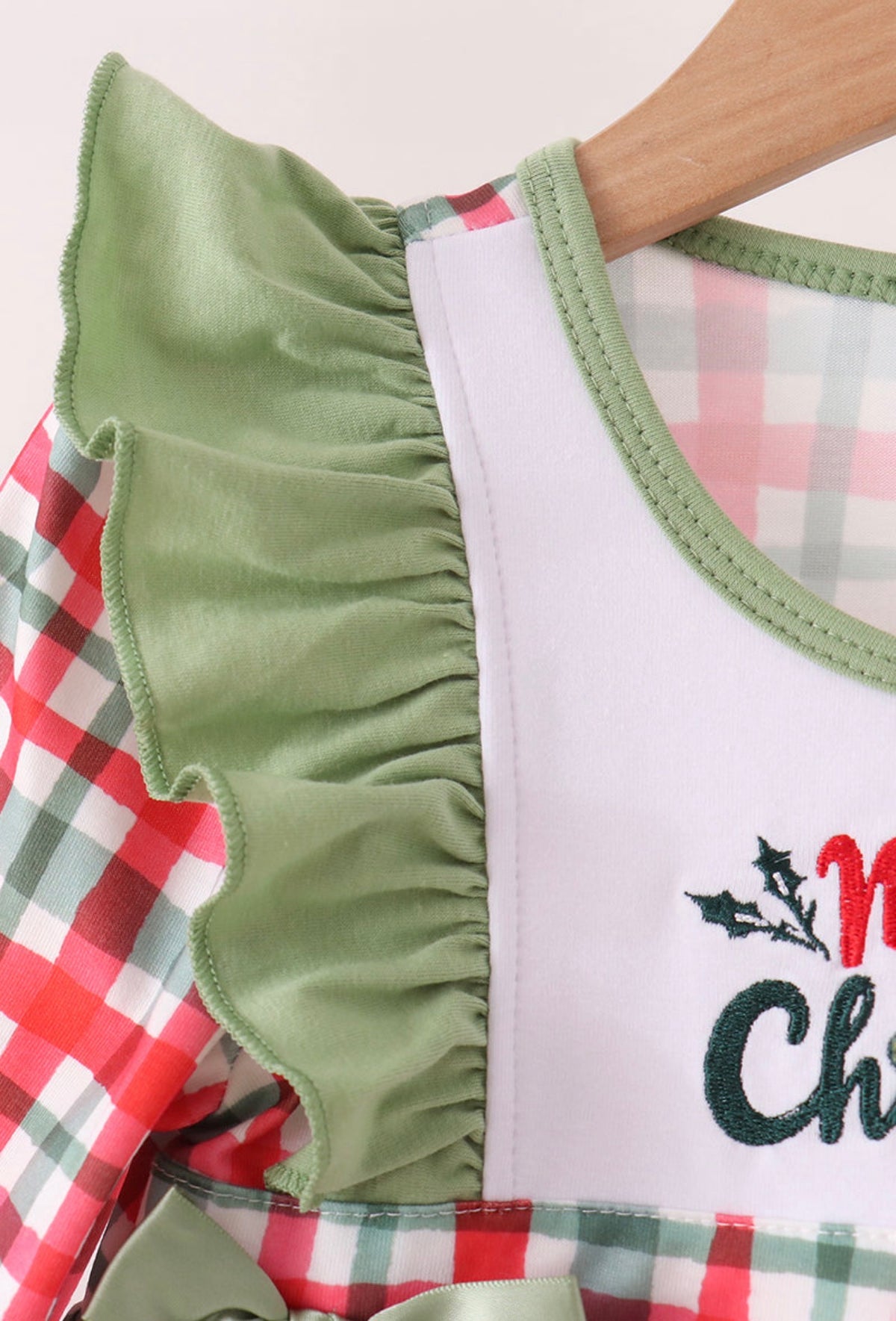 Green merry christmas embroidery plaid ruffle pants set