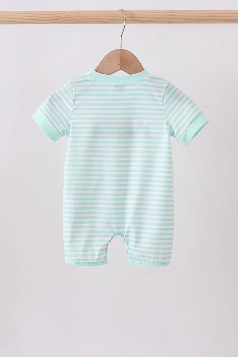 Green stripe Noah's Ark french knot romper
