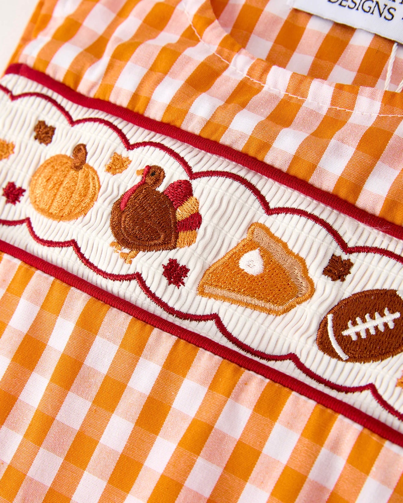 Fall Turkey Embroidered Romper for Baby Boys – Orange Checkered with Thanksgiving Details