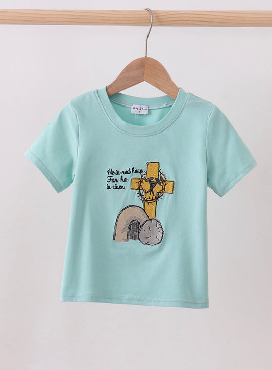 Blue He is risen boy’s embroidery top