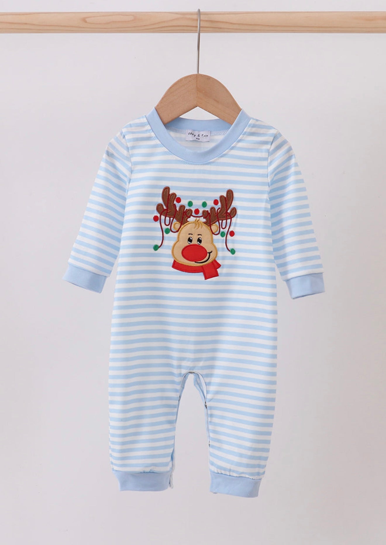 Blue stripe reindeer, appliqué boy romper
