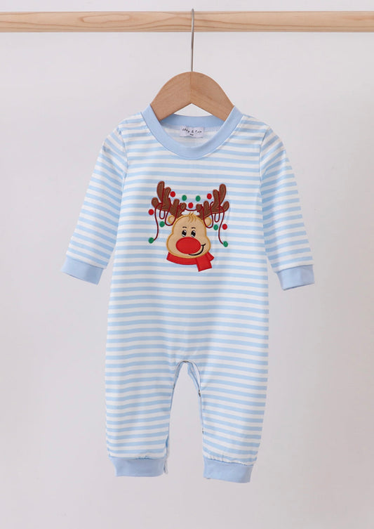 Blue stripe reindeer, appliqué boy romper