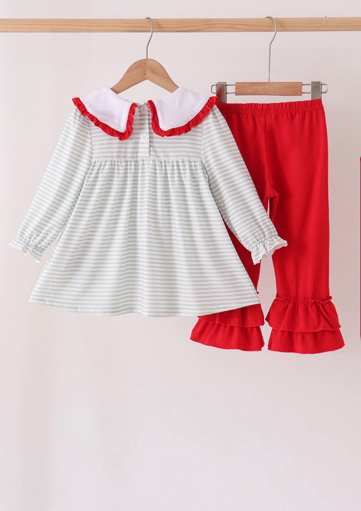 Sage santa applique gingham ruffle pants set