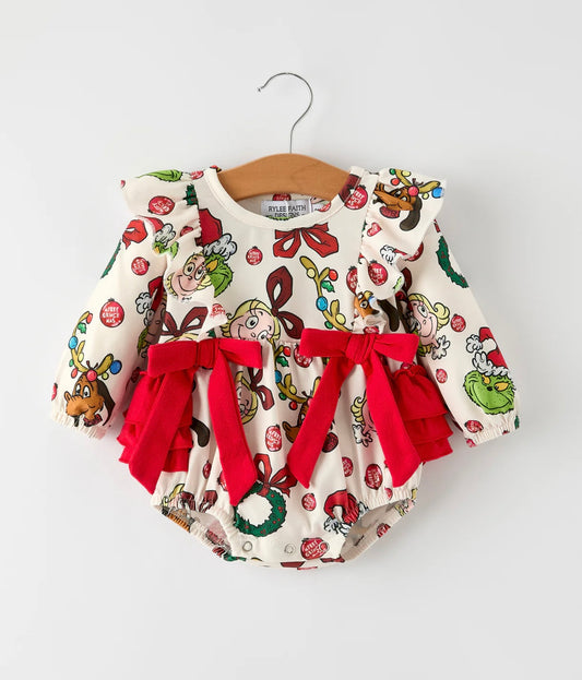 Christmas Character Print Baby Girls Romper with Red Bow Detail