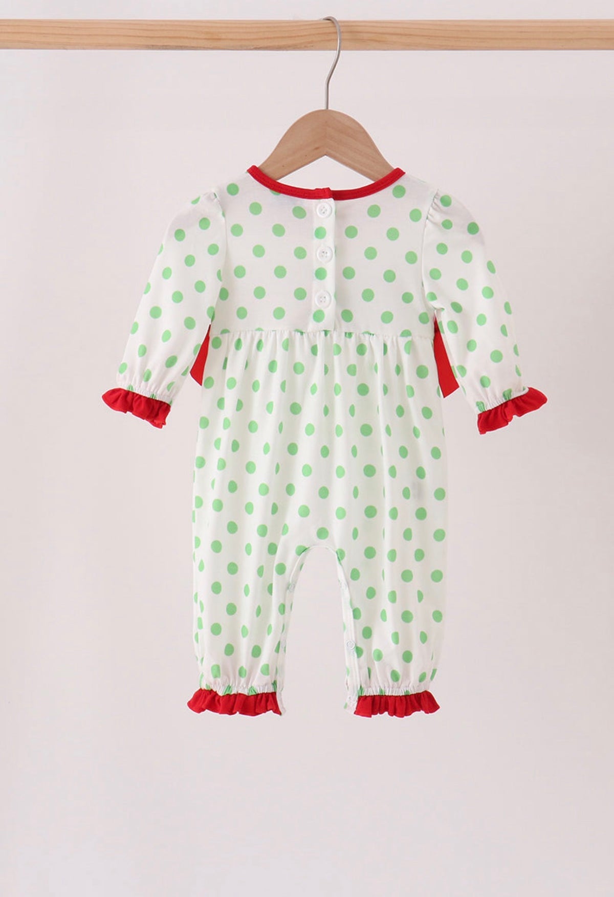 Green grinch embroidery ruffle dot romper