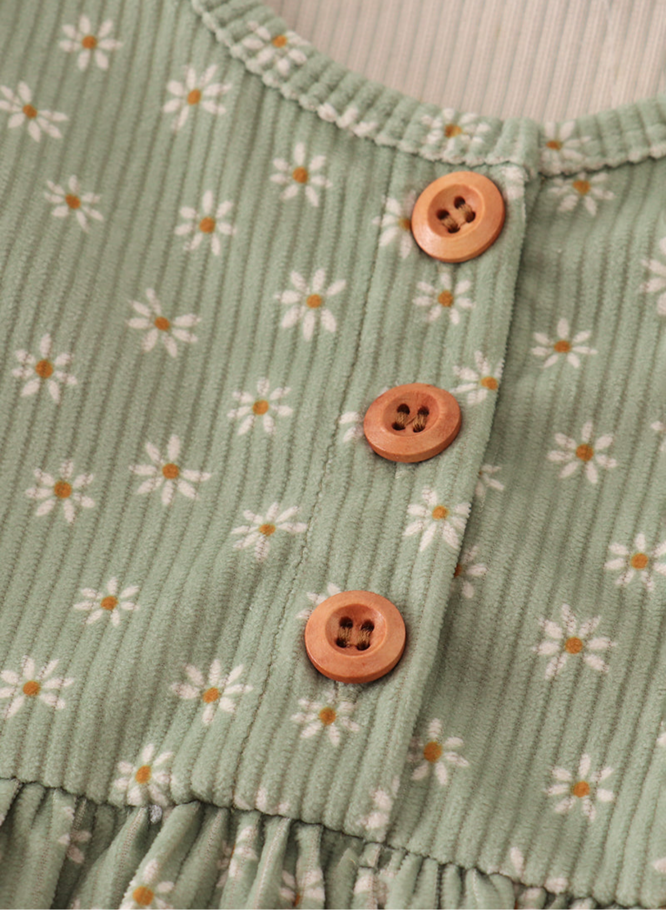 Green corduroy floral lace girl ruffle dress