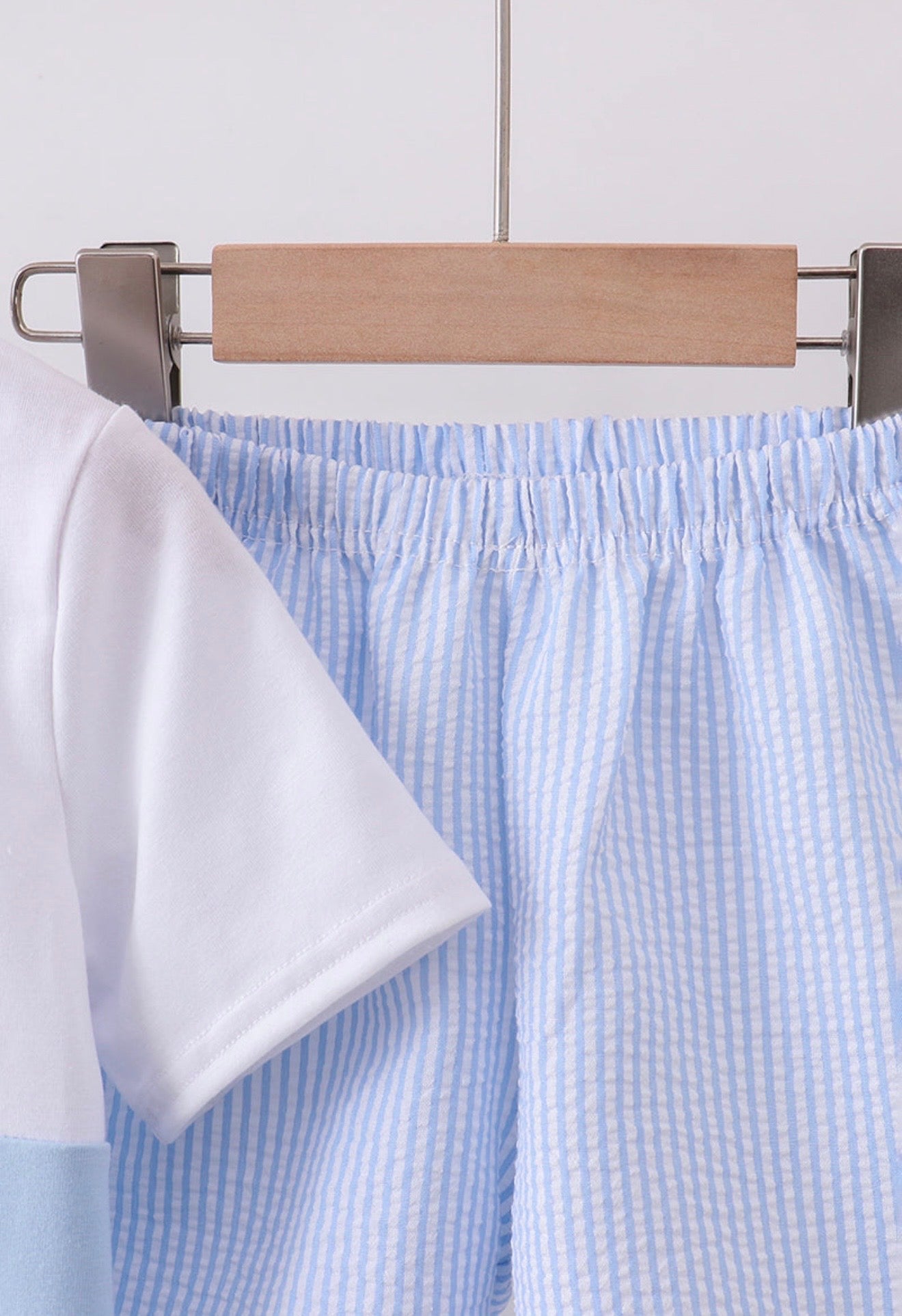Blue nautical trio seersucker, embroidery shorts set