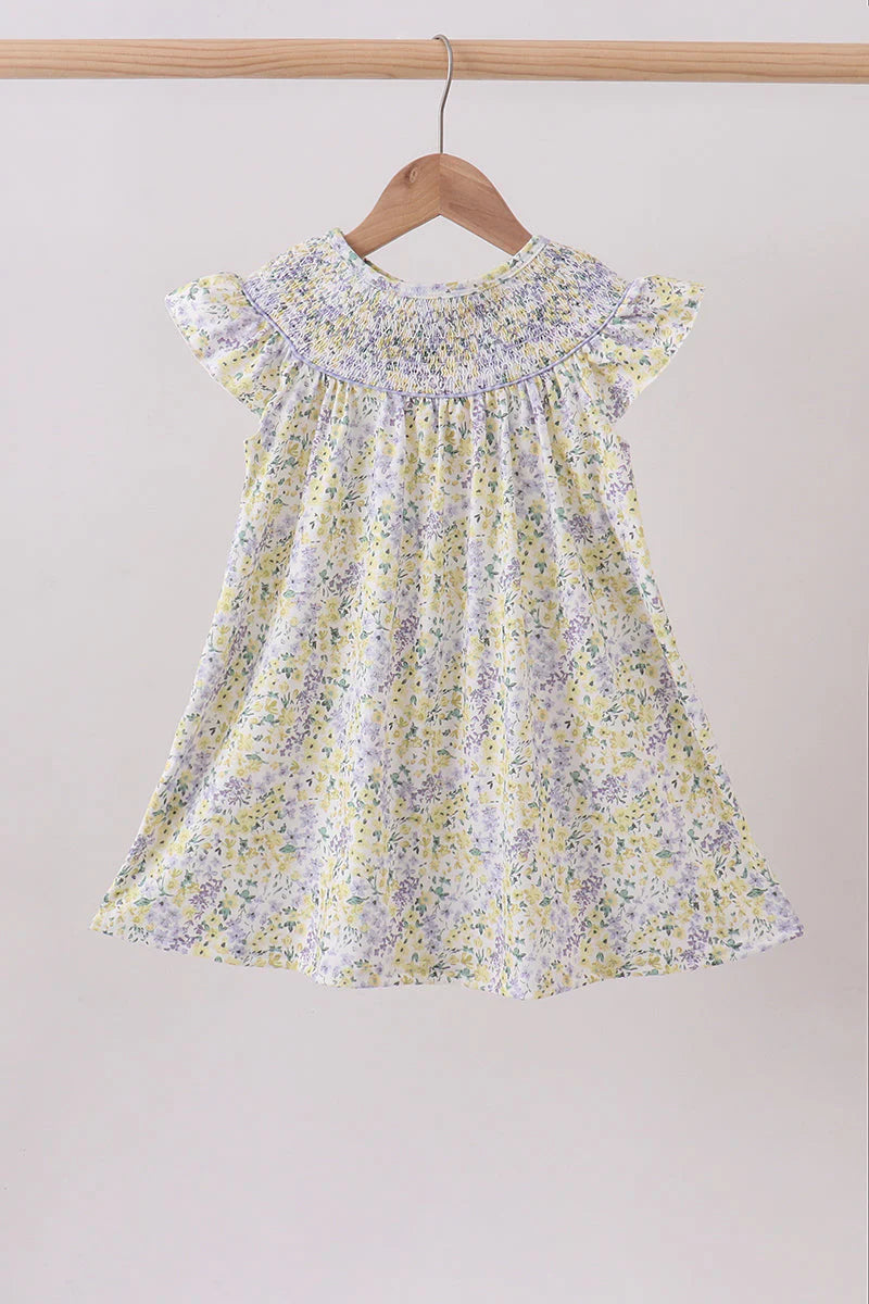 Golden meadow floral smocked ruffle dress