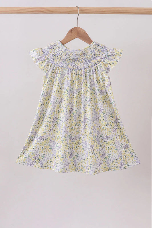 Golden meadow floral smocked ruffle dress