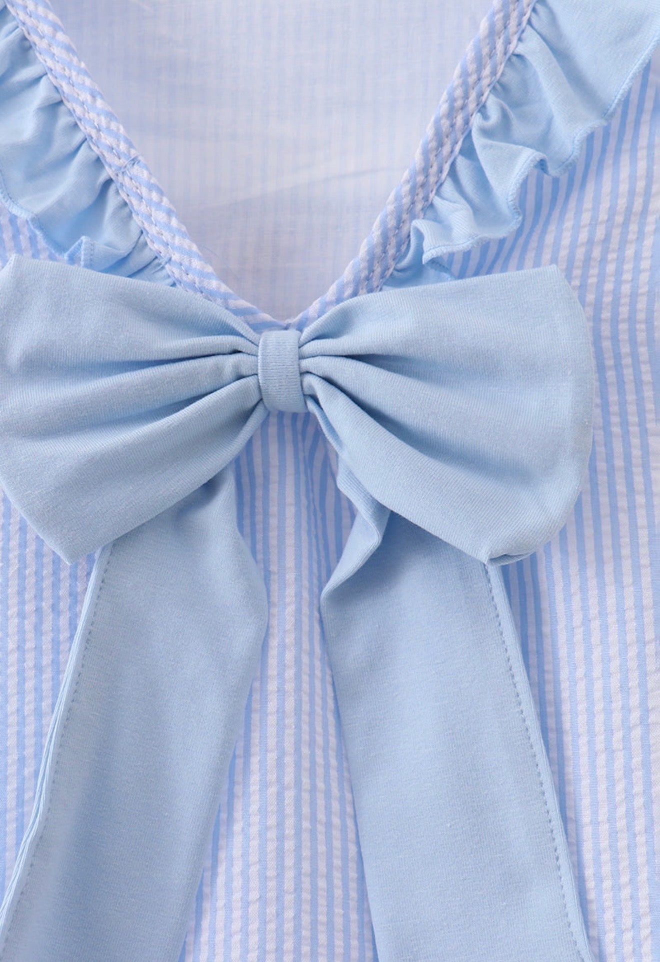 Blue nautical trio seersucker, embroidery ruffle bow dress
