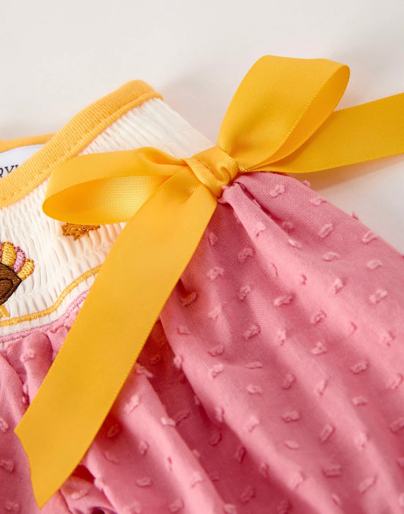 Fall Thanksgiving Turkey Leaf Embroidery Smocking Bow Baby Girl’s Romper