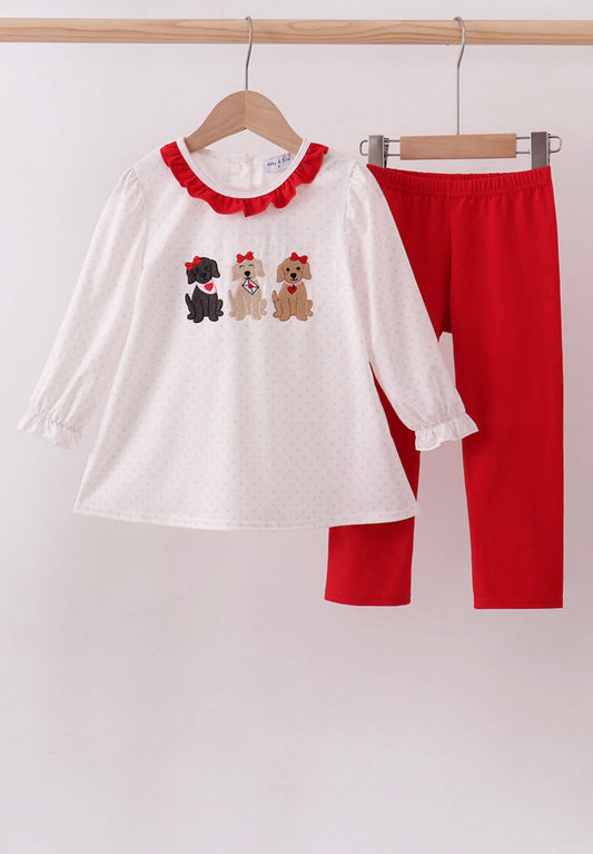 White puppy embroidery ruffle pants set