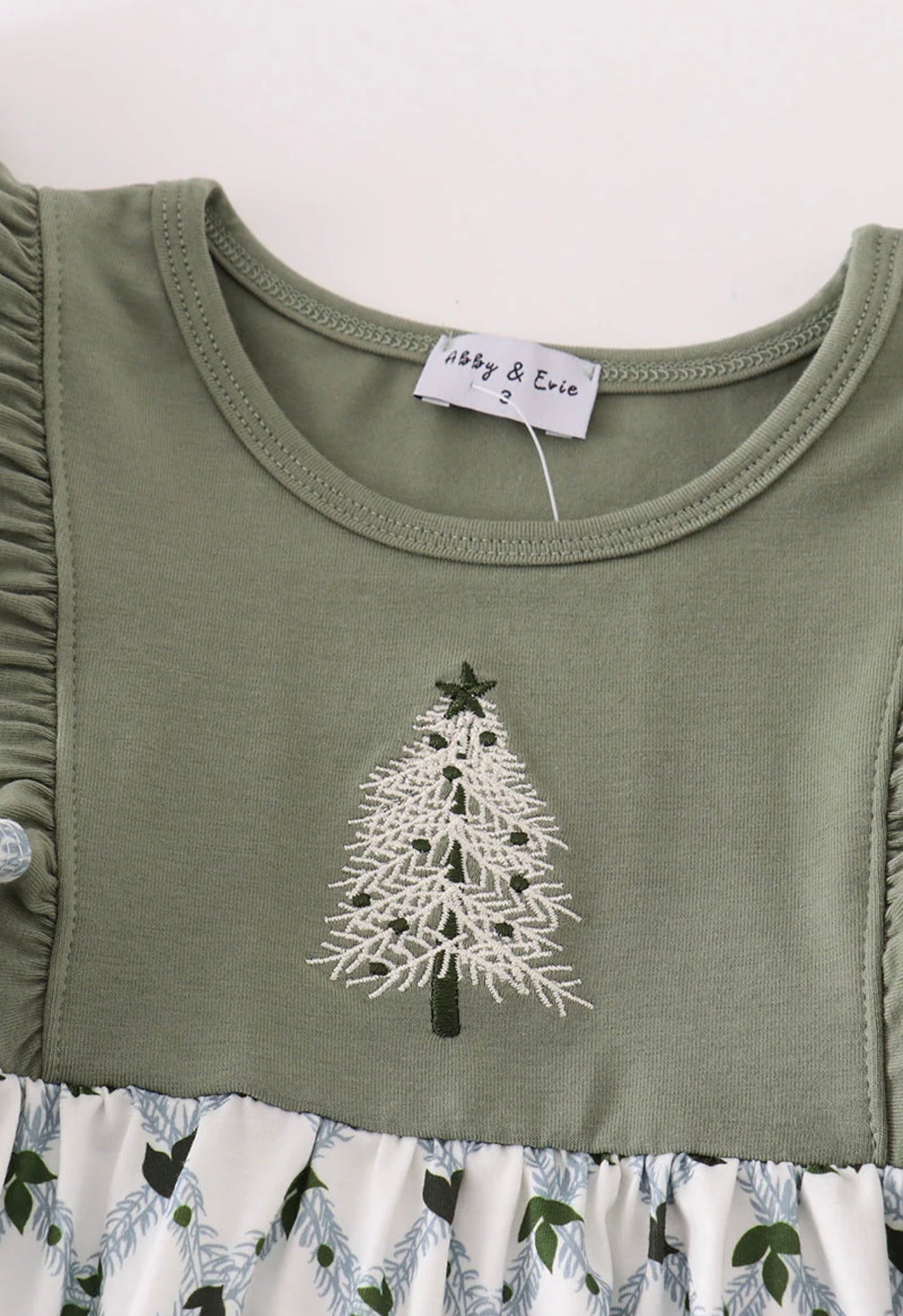 Sage Christmas Tree Embroidery Girl Dress