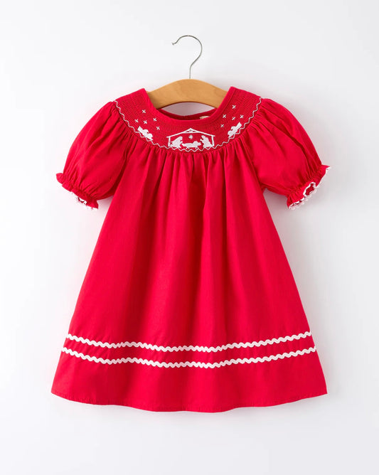 Red Christmas Girls Dress: Nativity Embroidery