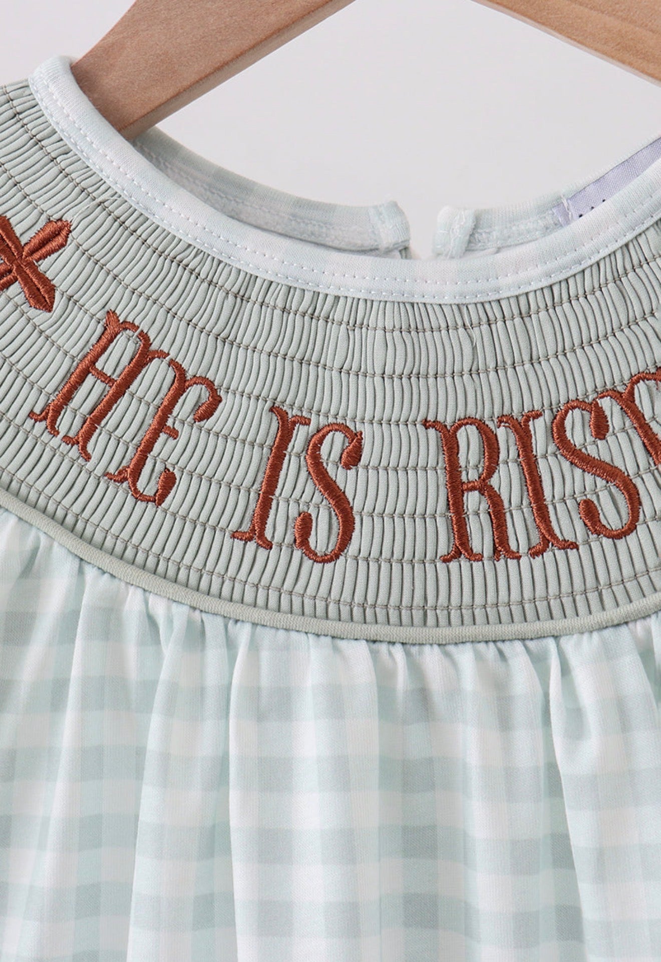 Sage He is risen smocked gingham girl’s dress