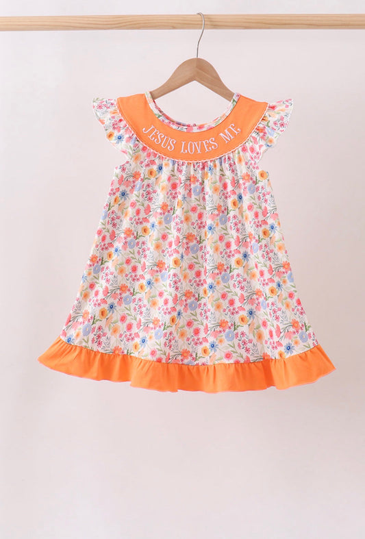 Coral Jesus Loves Me embroidered floral ruffle dress