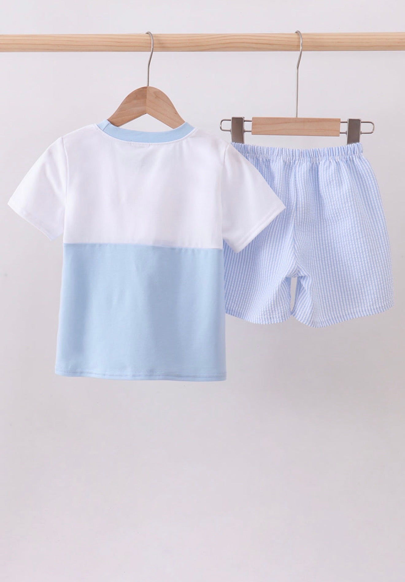 Blue nautical trio seersucker, embroidery shorts set