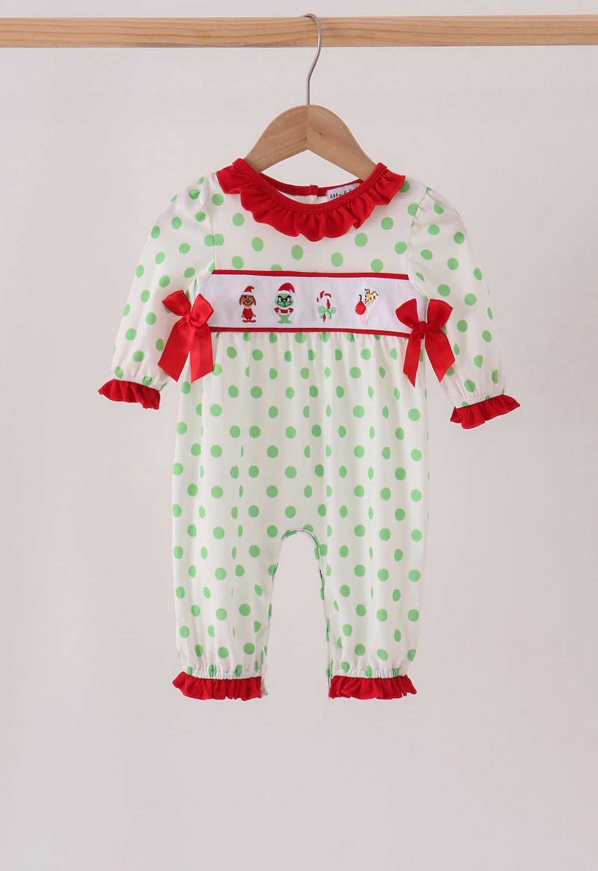 Green grinch embroidery ruffle dot romper