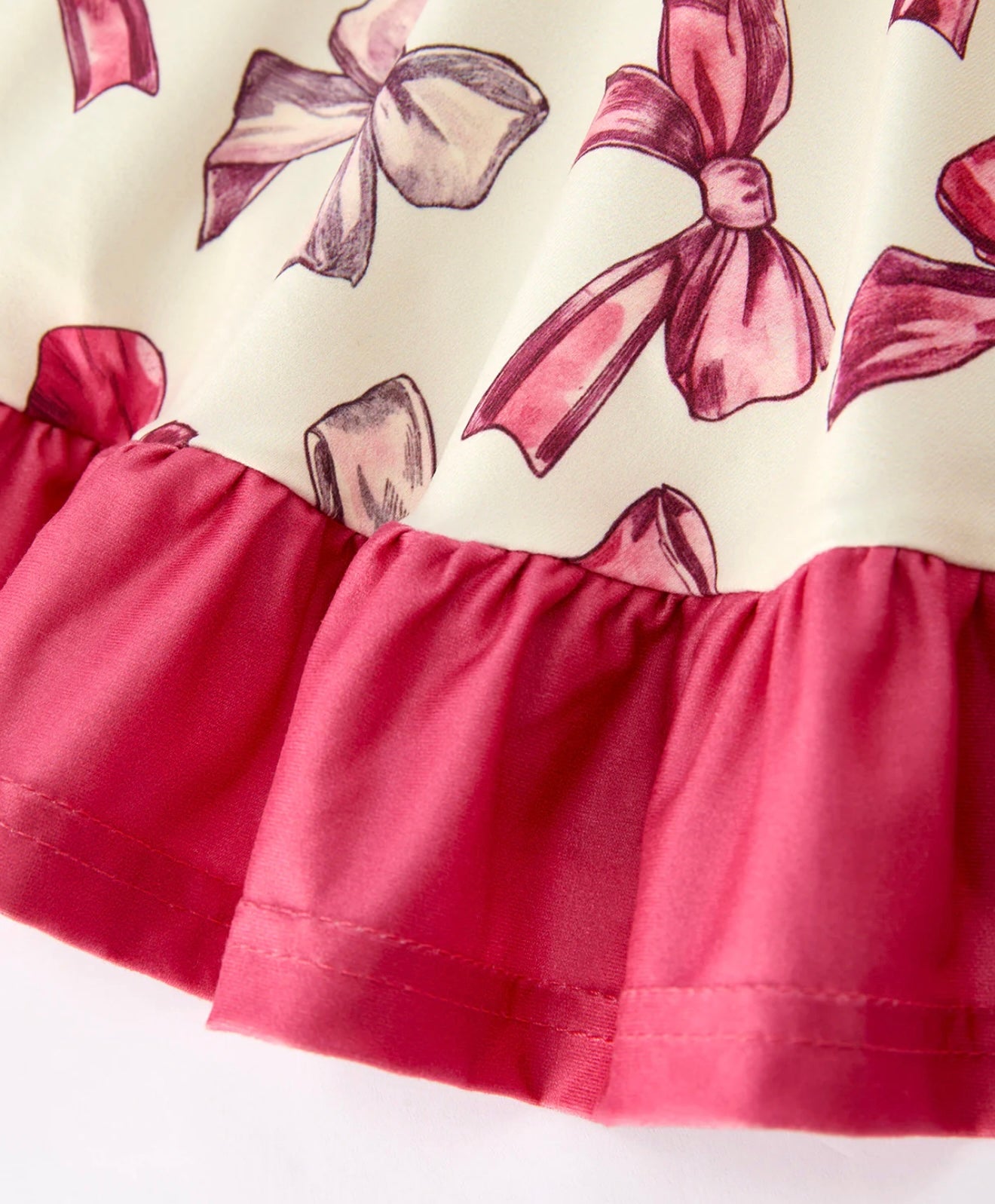 Girls Long Sleeve Dress with Pink Bow Print and Ruffle Hem