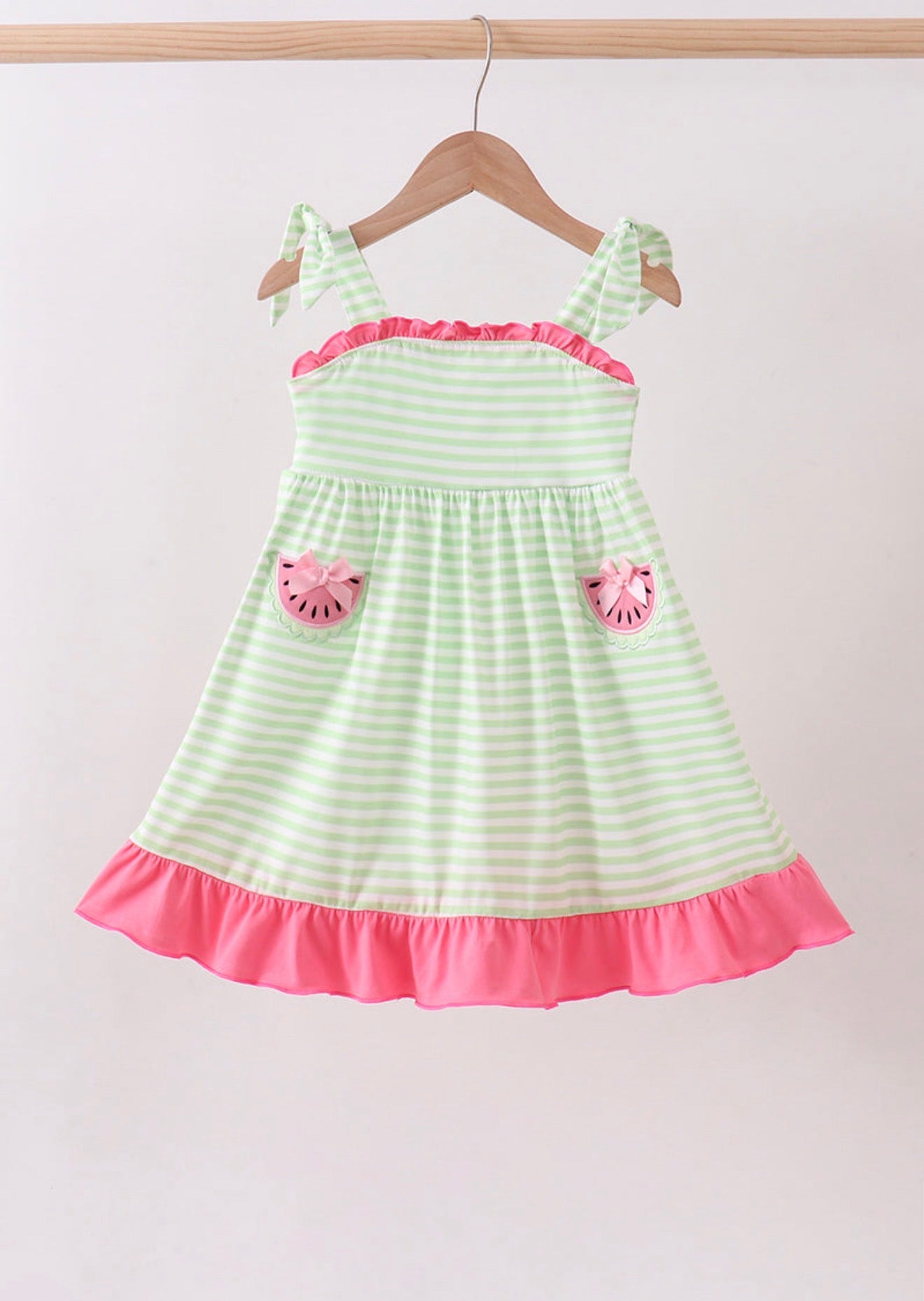 Green watermelon appliqué ruffle dress