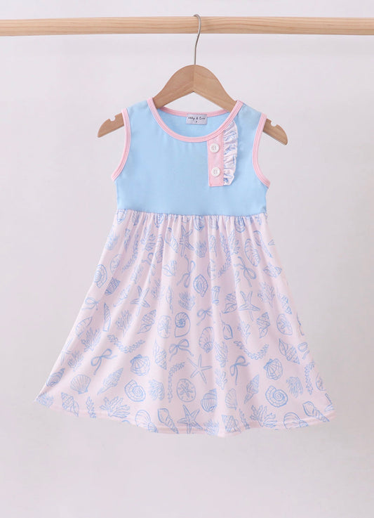 Blue shell starfish print ruffle dress