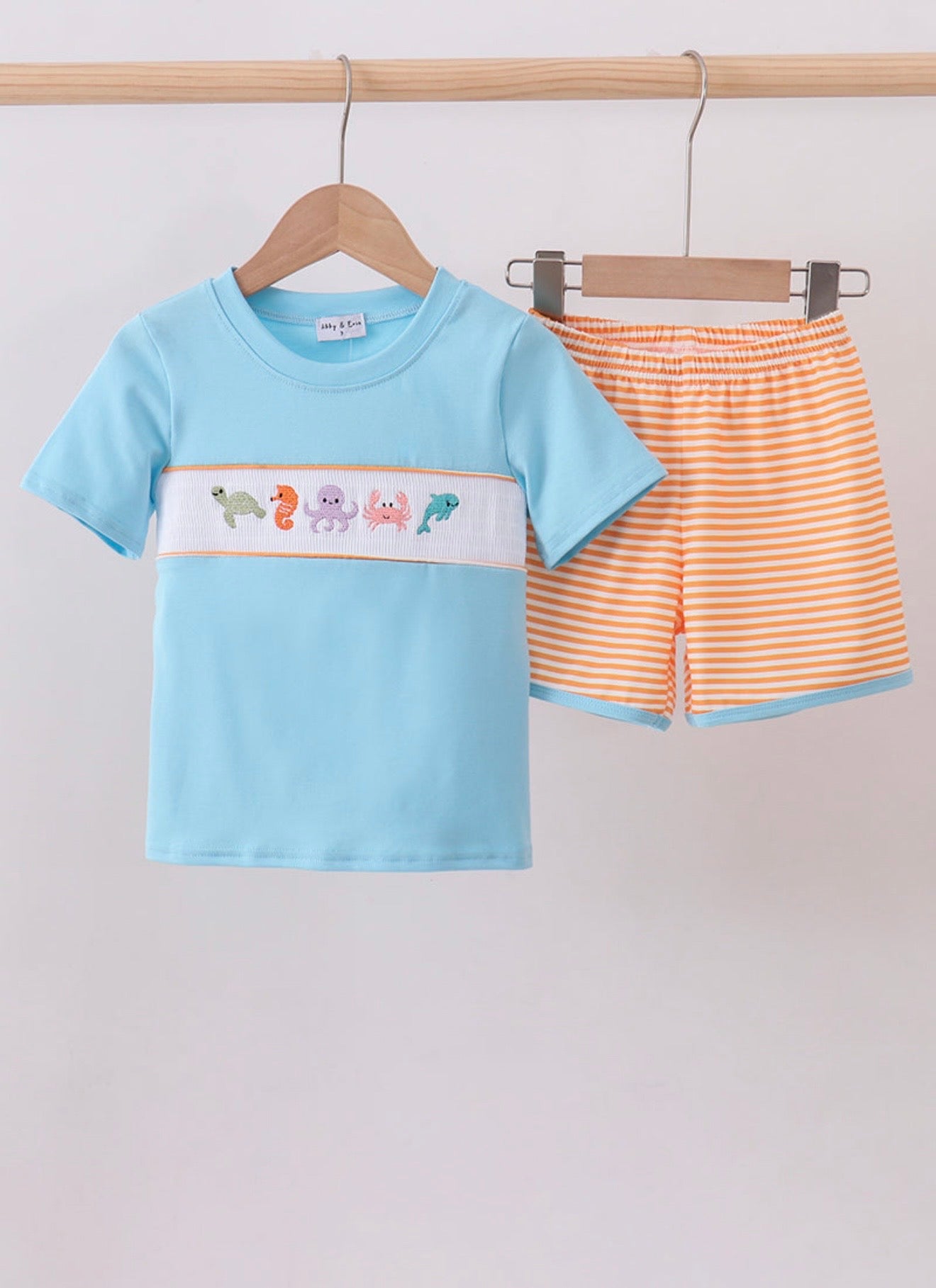 Blue marine embroidery stripe shorts set