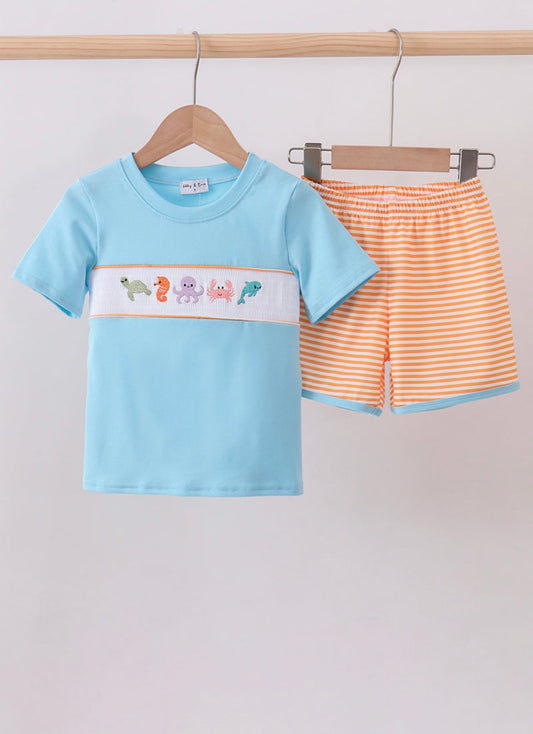 Blue marine embroidery stripe shorts set