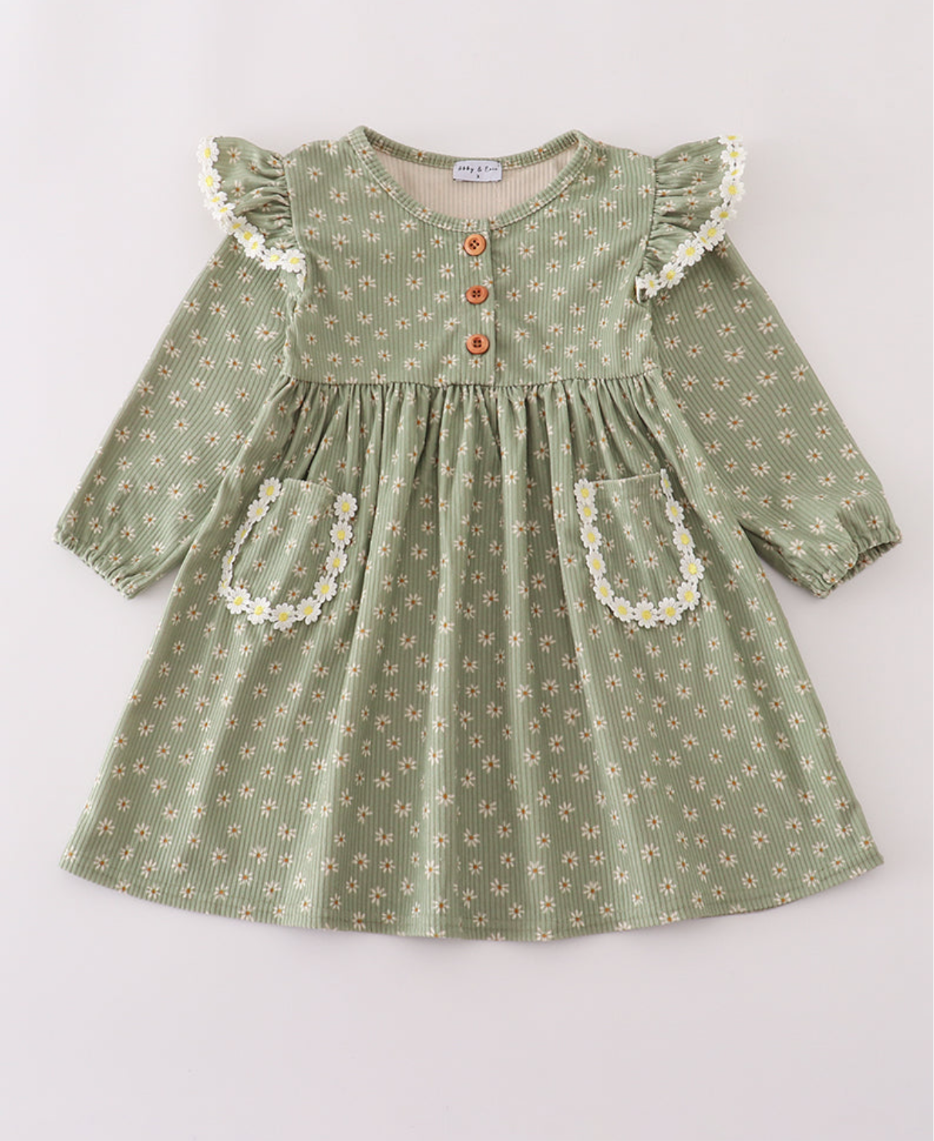 Green corduroy floral lace girl ruffle dress