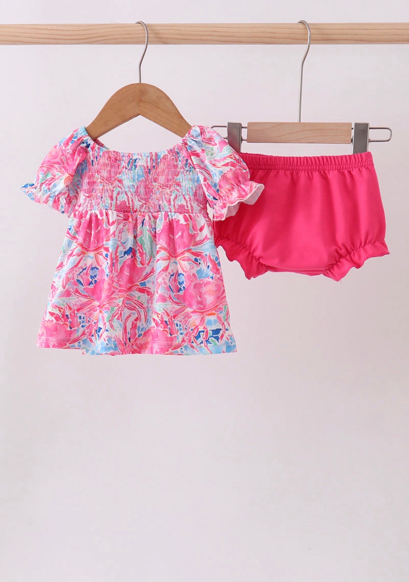 Pink floral smocked ruffle bloomer set