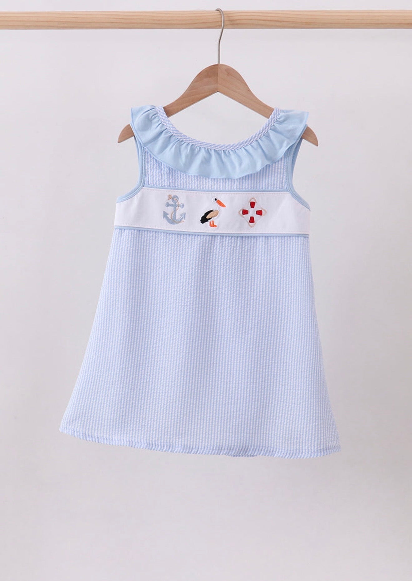 Blue nautical trio seersucker, embroidery ruffle bow dress