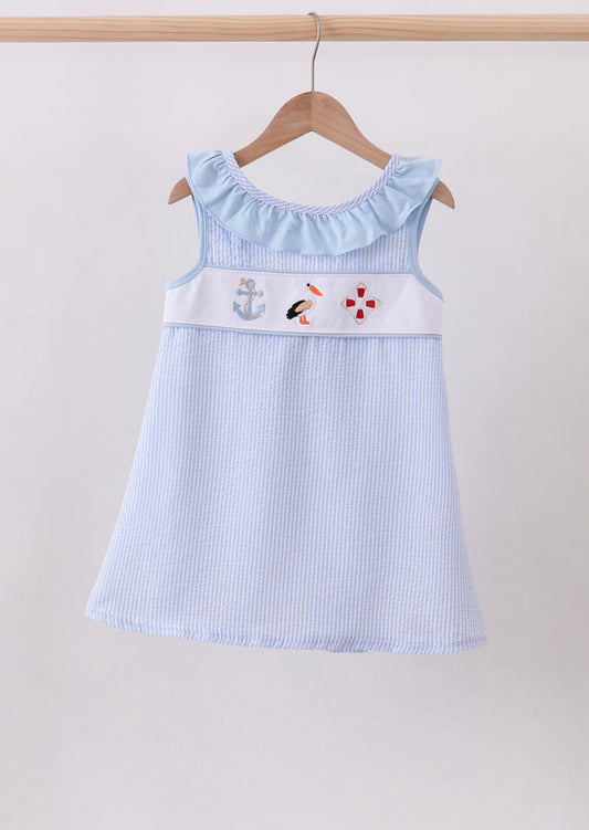 Blue nautical trio seersucker, embroidery ruffle bow dress