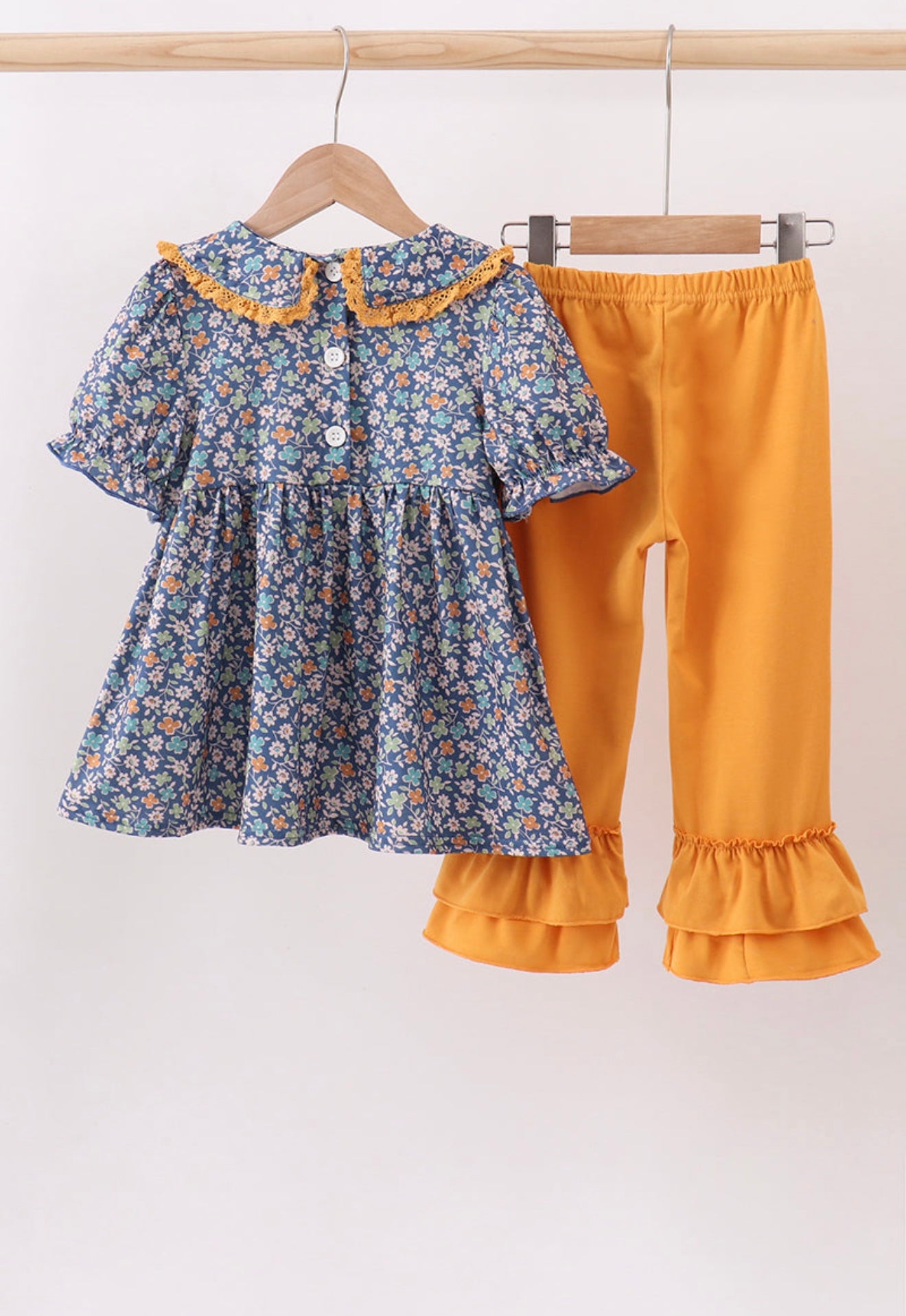 Navy floral smocked ruffle pants set