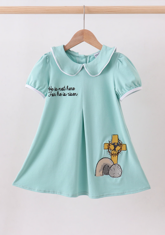 Blue He is Risen embroidery girl’s dress