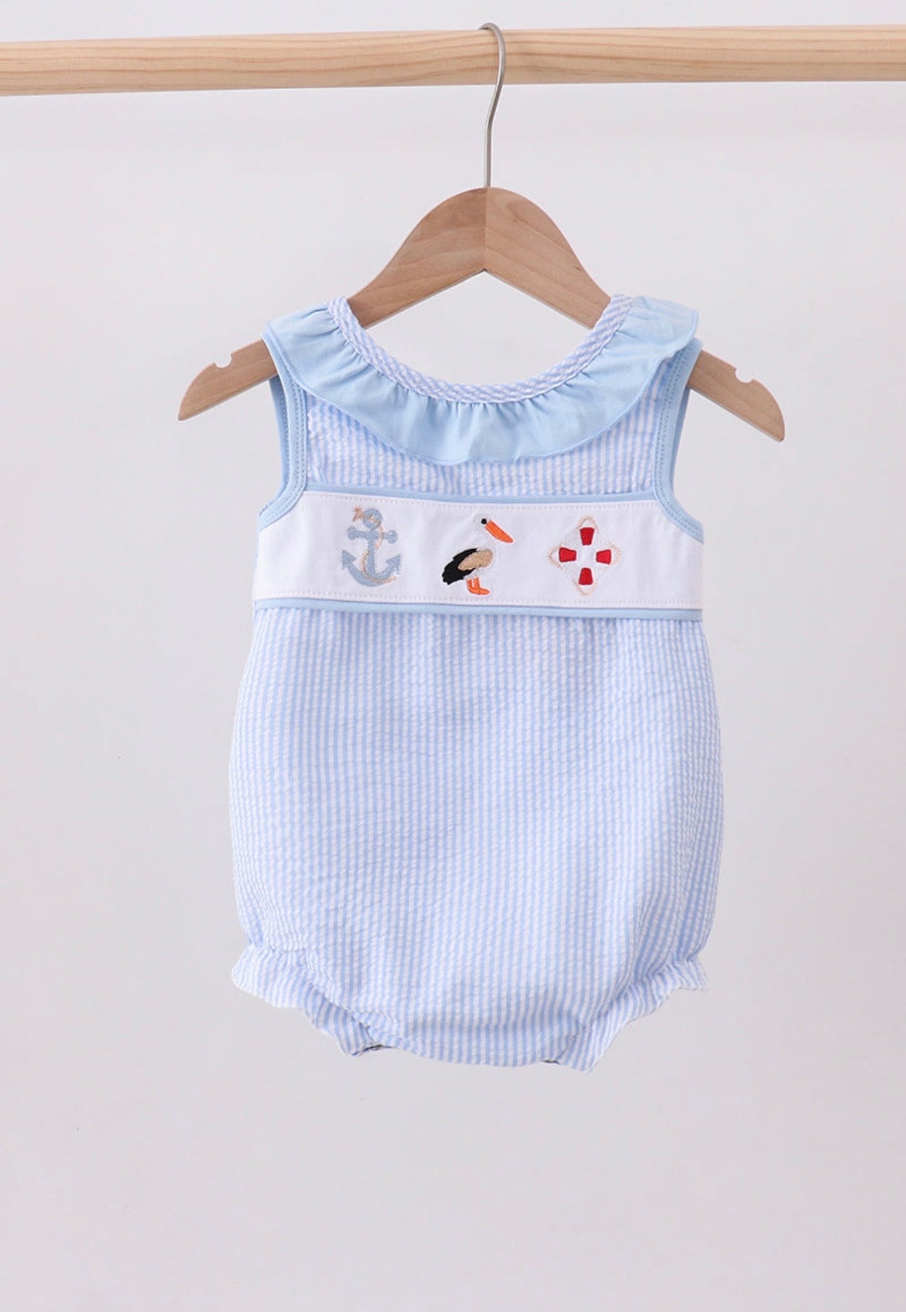 Blue nautical trio seersucker, embroidery ruffle bow bubble