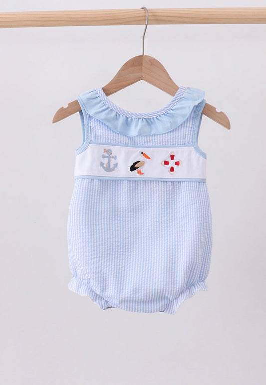 Blue nautical trio seersucker, embroidery ruffle bow bubble